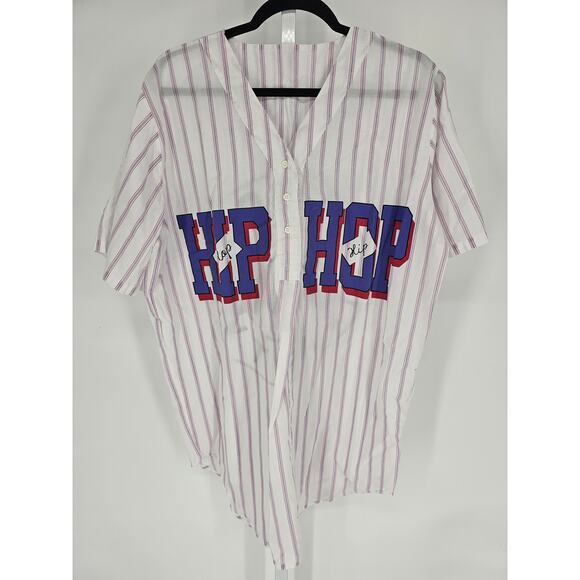 VTG Hip Hop Women's White Striped Jersey V-neck Button Down Short Sleeve Top - Picture 1 of 5
